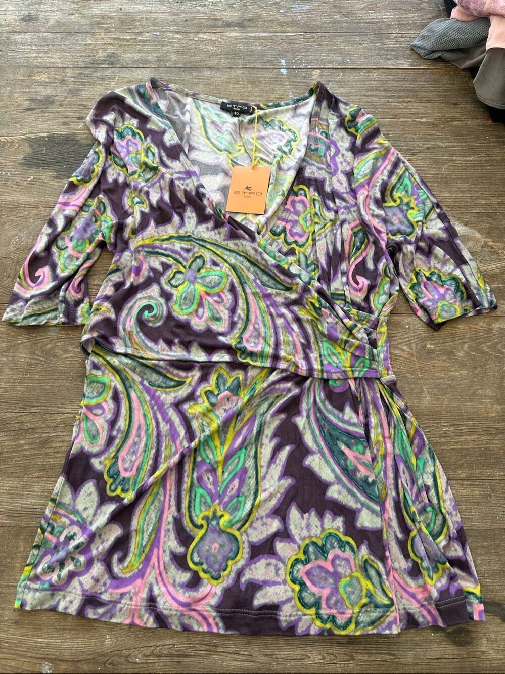 Etro Milano Womens 46 Paisley Faux Wrap Blouse Top Purple Italy